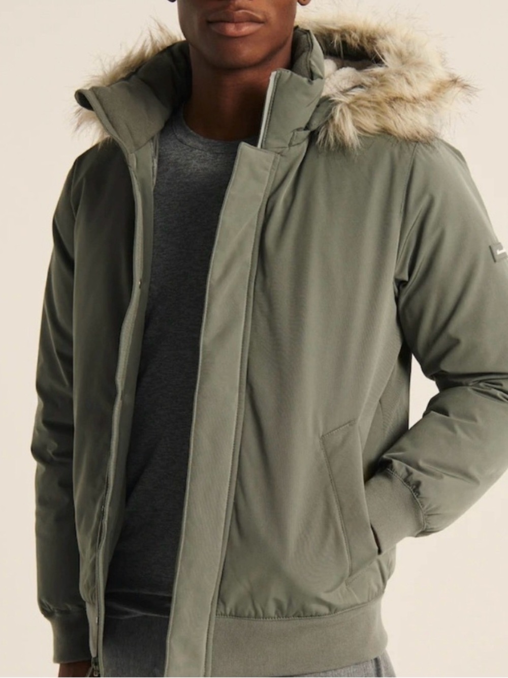 Abercrombie & Fitch Olive Green Ultra Bomber Jacket Faux Fur Trim M